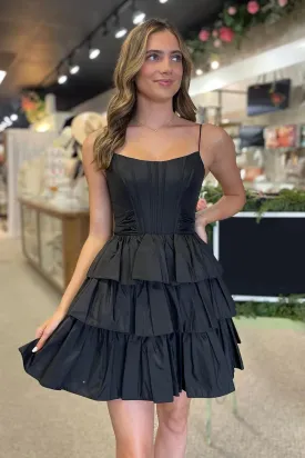 A-Line Scoop Neck Black Satin Short Tiered Homecoming Dress with Bow VK081608
