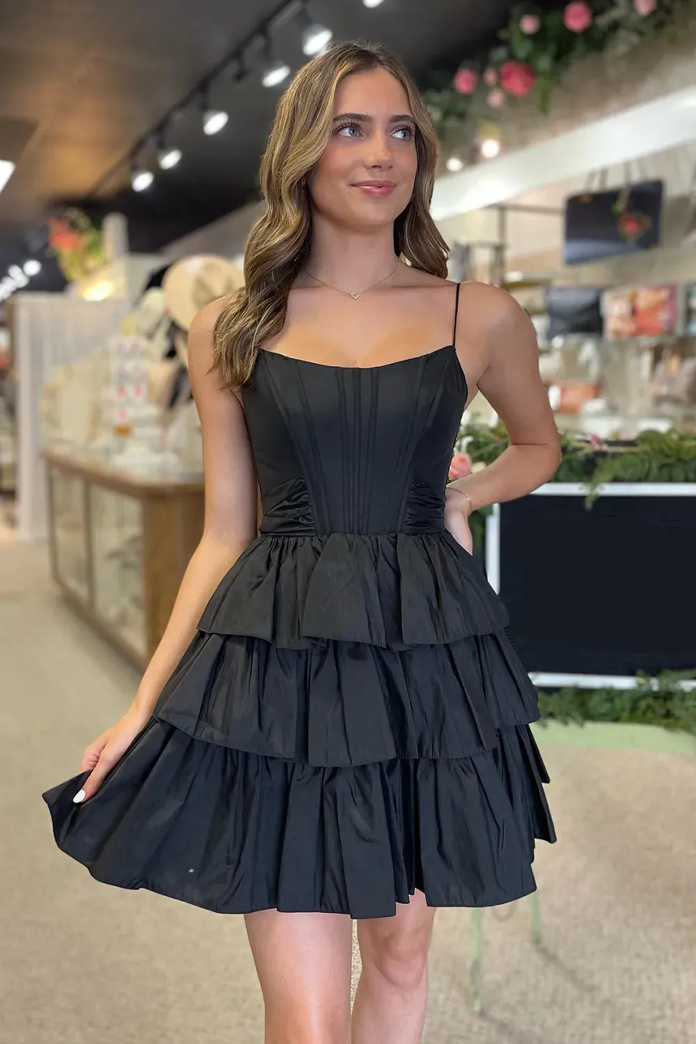 A-Line Scoop Neck Black Satin Short Tiered Homecoming Dress with Bow VK081608
