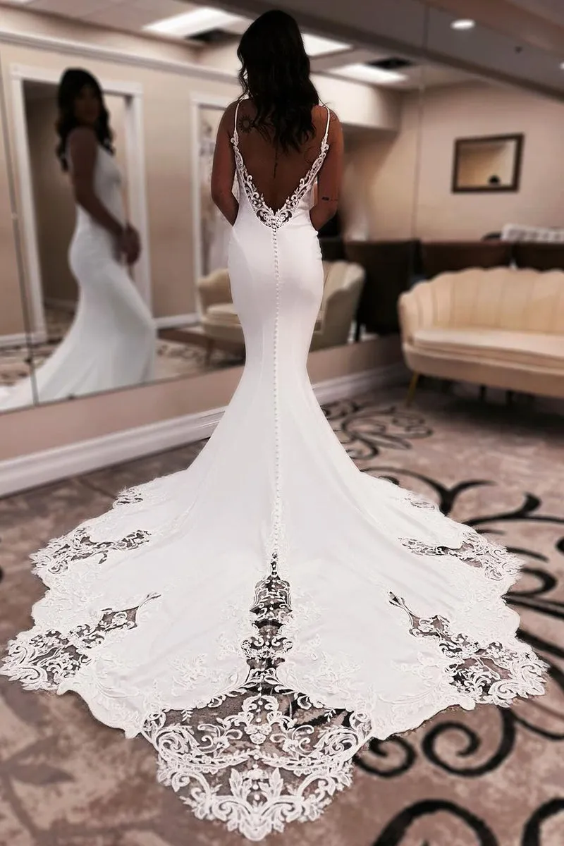 Charming Mermaid V Neck Elastic Satin Wedding Dress with Appliques VK24052902