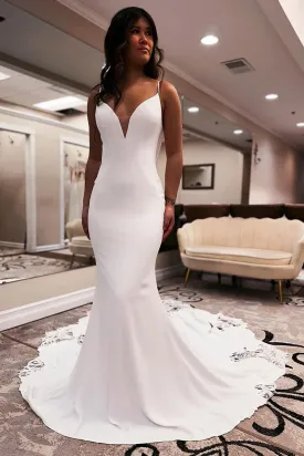 Charming Mermaid V Neck Elastic Satin Wedding Dress with Appliques VK24052902