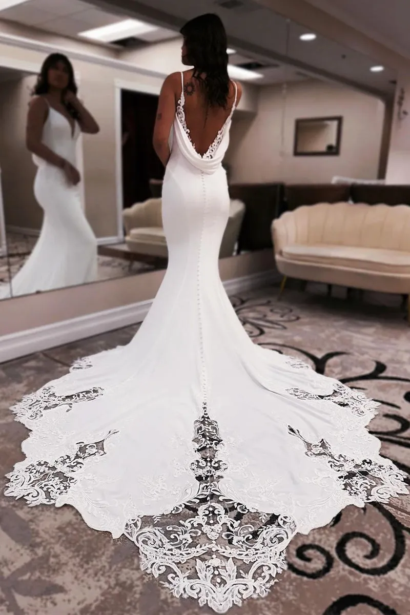 Charming Mermaid V Neck Elastic Satin Wedding Dress with Appliques VK24052902
