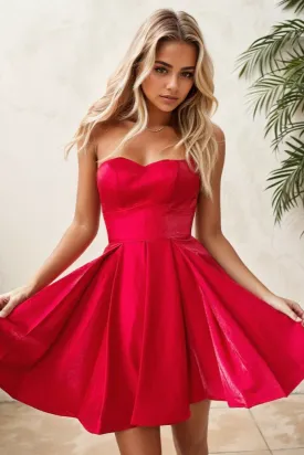 Cute A Line Strapless Red Satin Homecoming Dressees VK073155