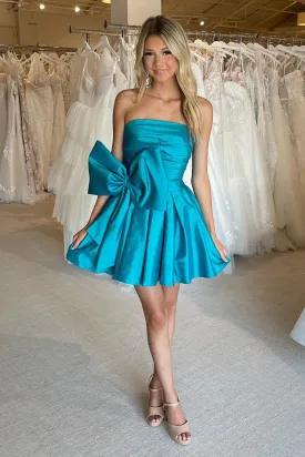 Cute A-Line Strapless Satin Short Homecoming Dresses with Bownot VK24082405