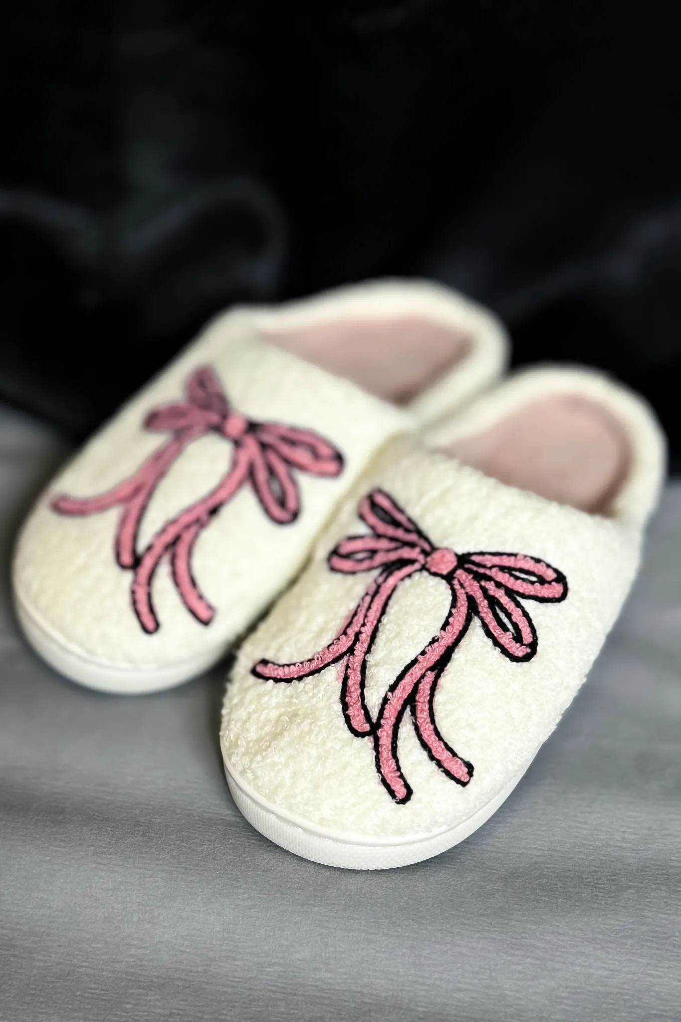 Fuzzy Pink Ribbon Bow Slippers