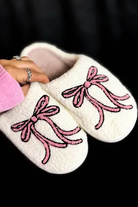 Fuzzy Pink Ribbon Bow Slippers