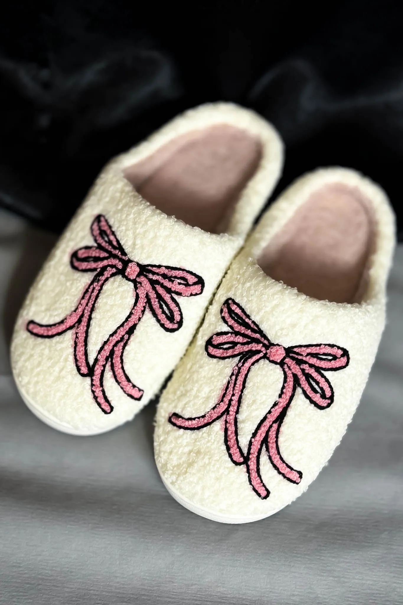 Fuzzy Pink Ribbon Bow Slippers