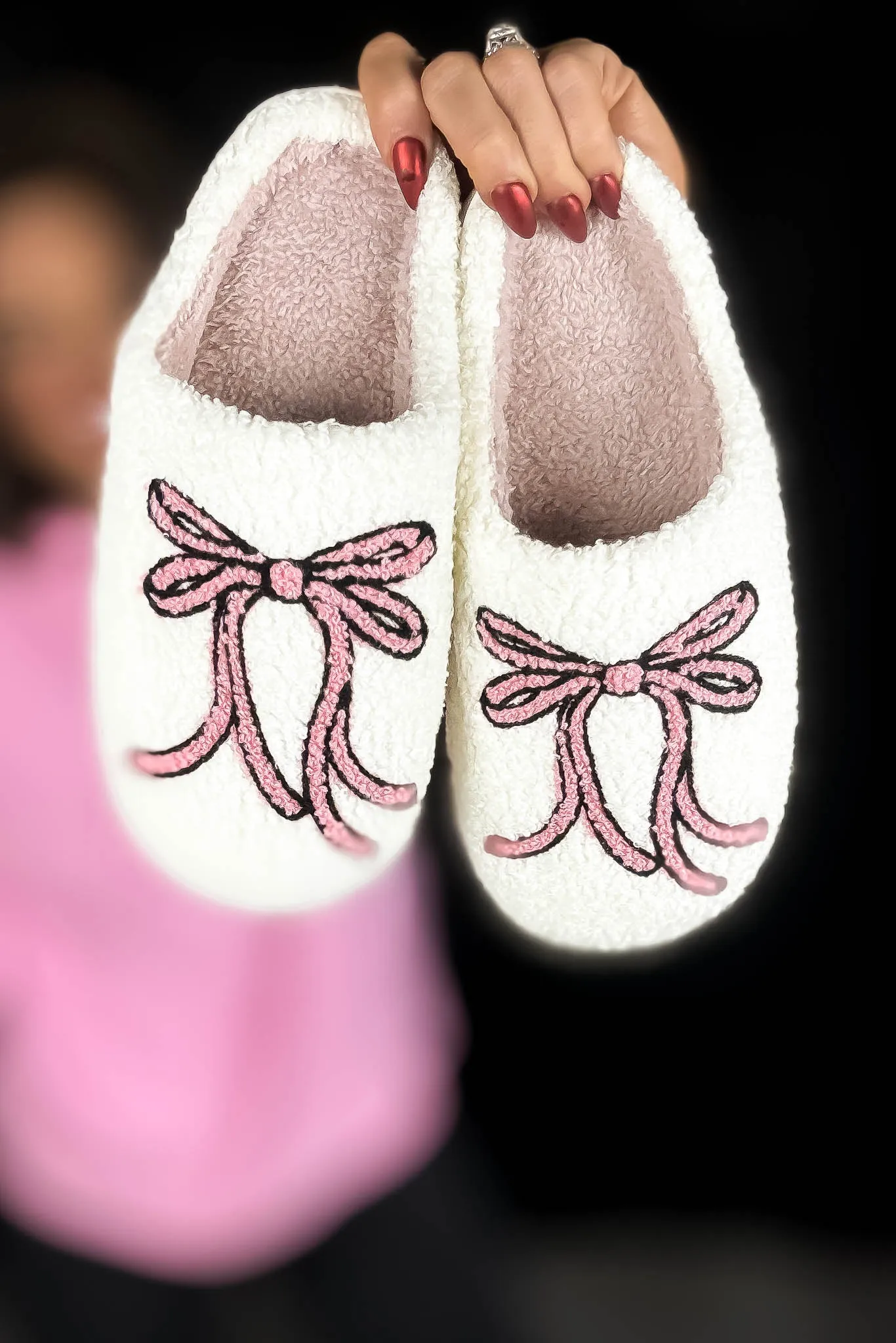 Fuzzy Pink Ribbon Bow Slippers