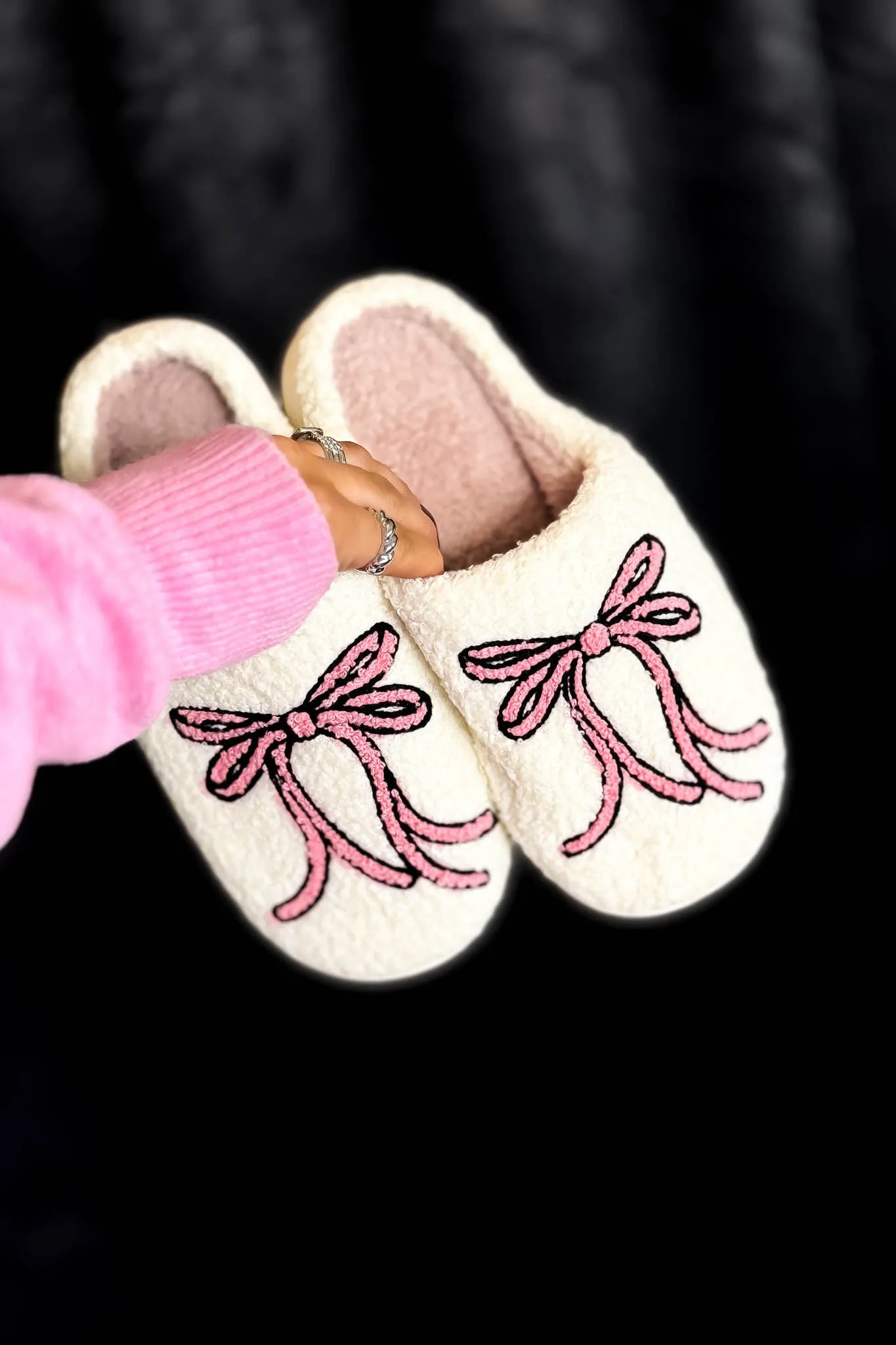 Fuzzy Pink Ribbon Bow Slippers