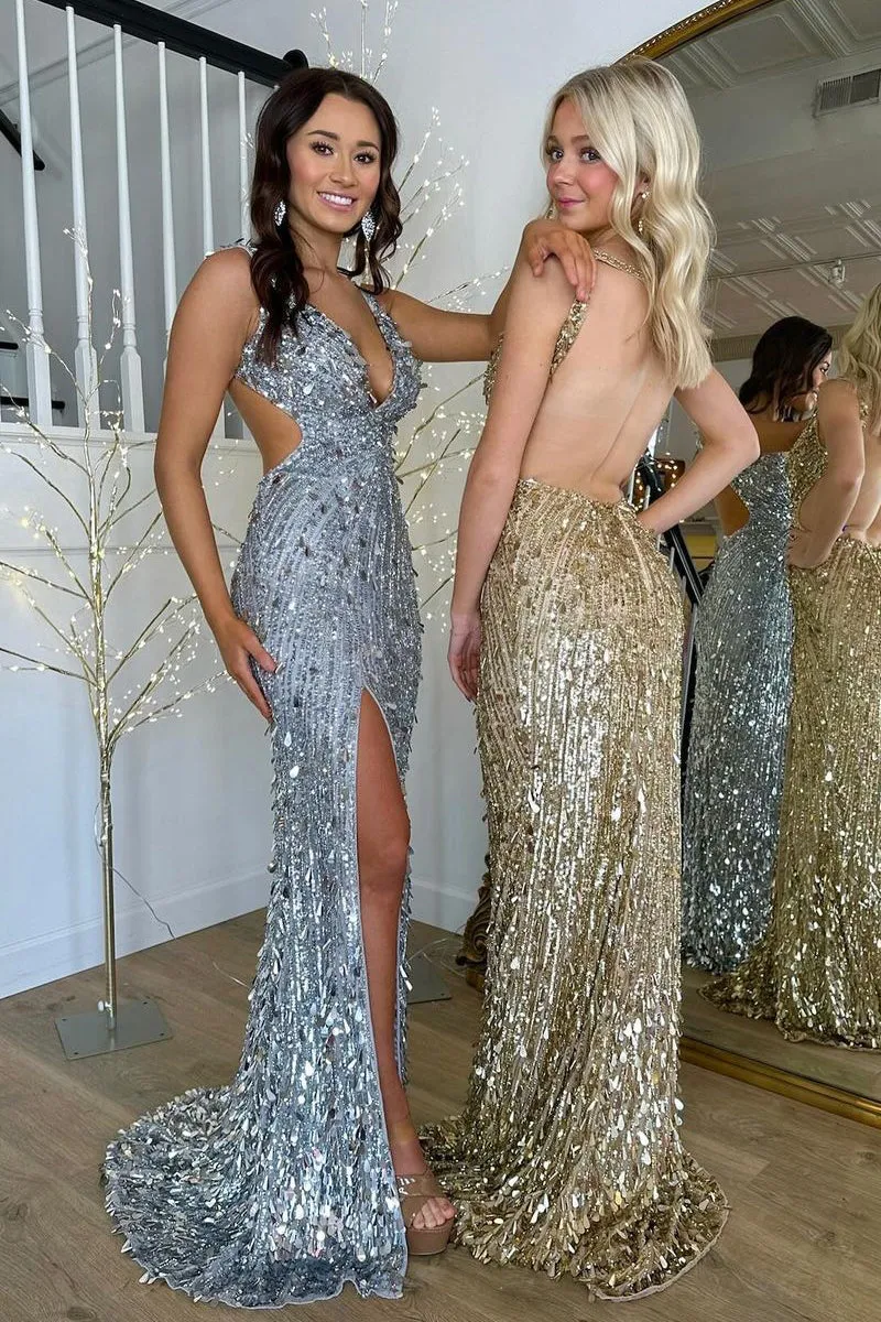 Gold Sequins Mermaid Long Prom Dresses with Slit VK24020802