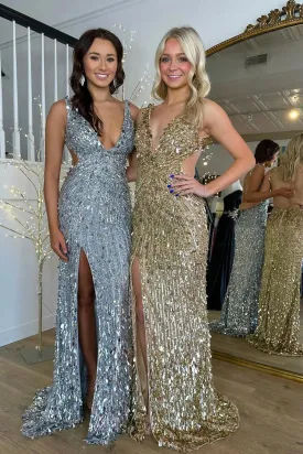 Gold Sequins Mermaid Long Prom Dresses with Slit VK24020802