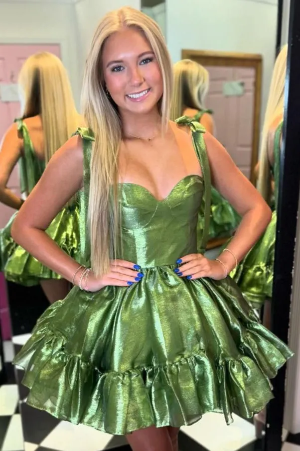 Green Straps A-line Satin Ruffle Mini Homecoming Dress