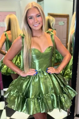 Green Straps A-line Satin Ruffle Mini Homecoming Dress