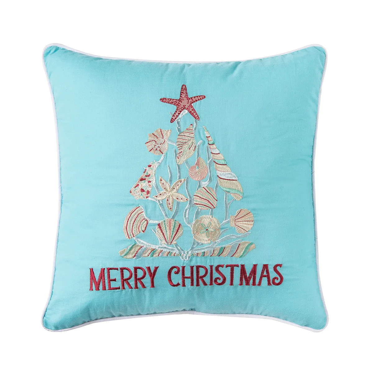 Merry Christmas Seashells Aqua Pillow