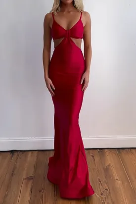 Sexy Red Spaghetti Straps Cut Out Long Prom Dress with Slit VK24010201